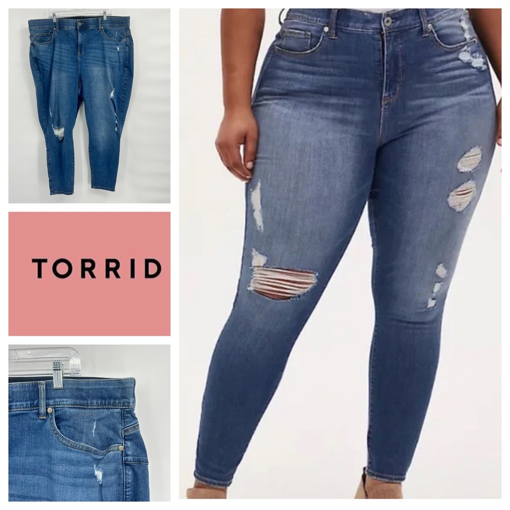 Torrid Womens Plus Size 28R FeelTheFit Distressed Ripped Skinny Jeans‎ Denim